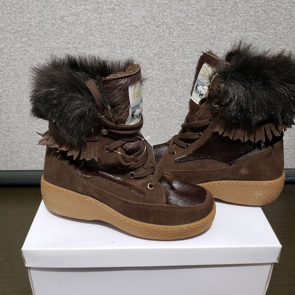 New Oscar Sport Brown Leather & Faux Fur Lace Up Boots Made in Italy 36 US 6